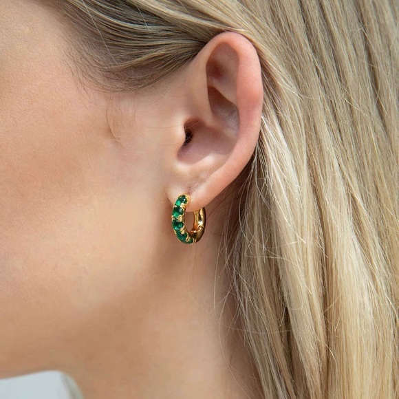 Emerald Huggie Hoop Earrings, Emerald Hoop Earrings, Green Gem Earrings - Picture 2 of 9